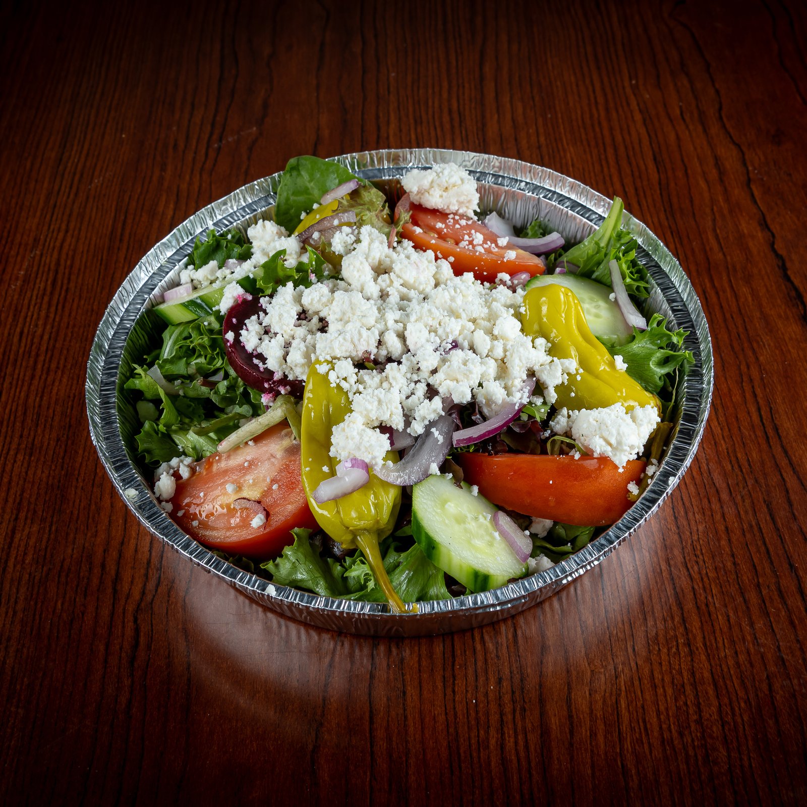 Greek Salad, GoGo Pizza, Salads, feta and olive salad, fresh vegetable salad, gourmet Greek dish, crisp lettuce salad, Mediterranean style salad, cucumber tomato salad, healthy salad option, Greek dressing salad, best Greek salad